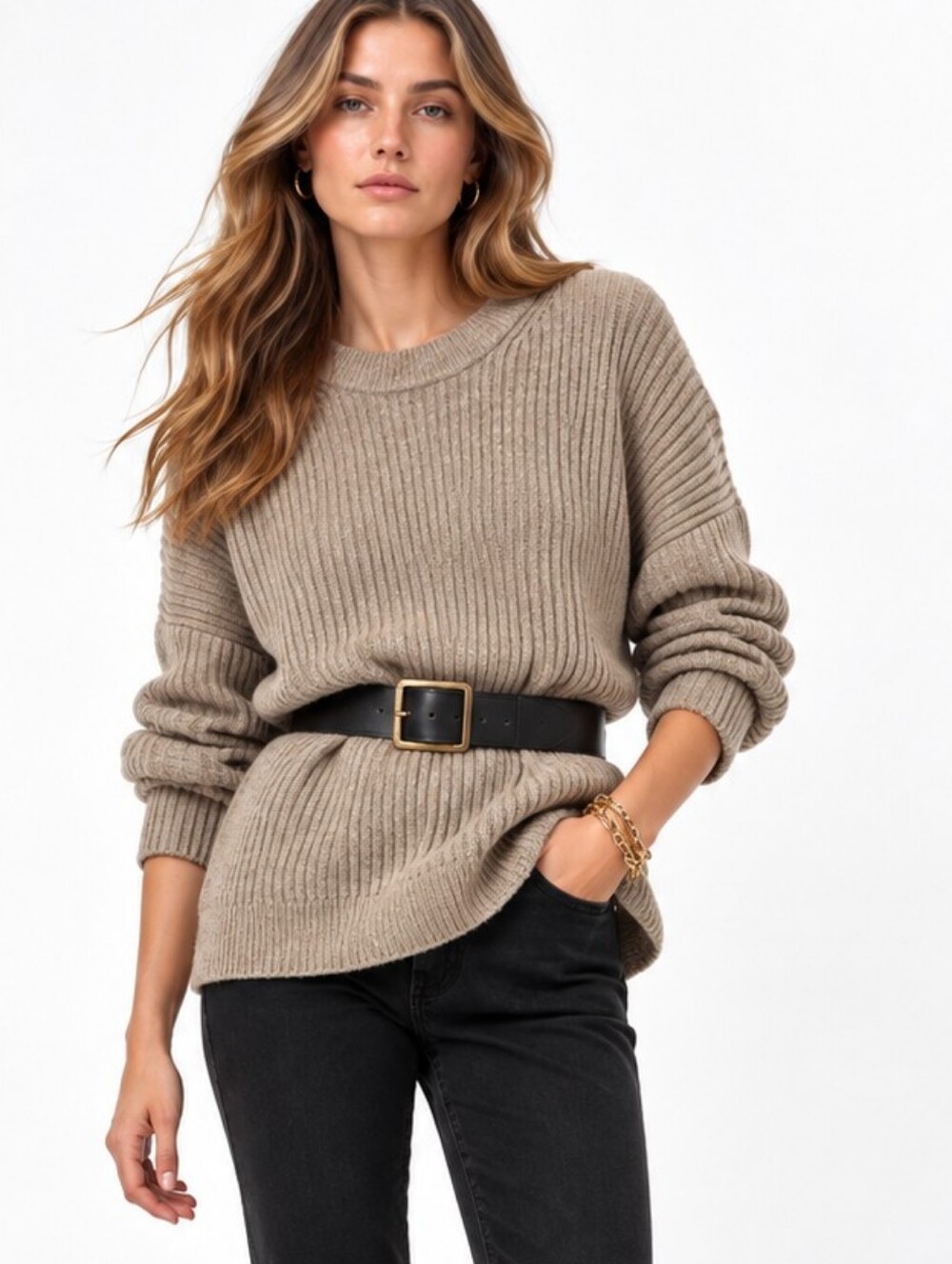 Abercrombie & Fitch Sweater Tan Ribbed Oversized Crewneck